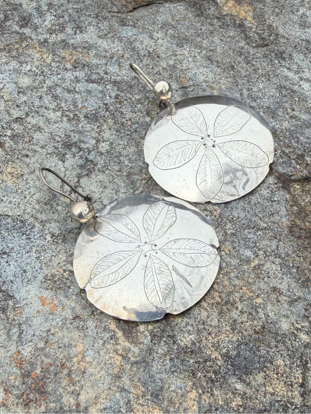 Vintage Sterling Silver Sand Dollar Disc Drop Earrings